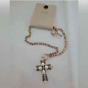 Urban Outfitters Gold Caterina Pearl Cross Necklace NWT